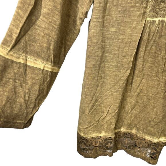 Artesia Lace Trim Green Distressed Tunic Boho Peasant Shirt - Picture 7 of 11